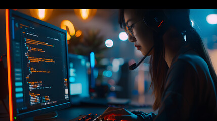 Side view portrait of female IT developer typing on keyboard with black and orange programming code on computer screen and laptop in contemporary office interior copy space : Generative AI
