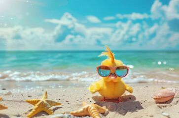 Rubber duck on the beach with starfishes close-up. Concept of happy summer holiday.