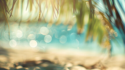 Poster - Blur tropical beach with bokeh sun light wave abstract background Copy space of outdoor summer vacation and travel adventure concept Vintage tone filter effect color styleSun and Beach : Generative AI