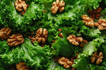 Wall Mural - Gourmet salad with fresh leafy greens and walnuts close up view for healthy eating concept