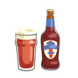Bottle and glass of British Ale. Picture in line style. Black outline with colored spots. Isolated on white background. Vector flat illustration. 