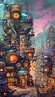 An elaborate steampunk city with gears and machinery adorning every building, created by a masterful illustrator