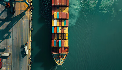 Wall Mural - Ocean large container ship in the port unloading, top view