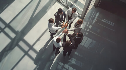 High angle view of a team of united businesspeople standing with their hands together in a huddle in the lobby of a modern office building : Generative AI