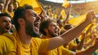 group of happy men in yellow soccer shirts at the stadium with yellow flags
