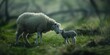 A ewe lovingly interacts with her lamb in a lush green field, depicting the close bond between mother and offspring