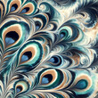 peacock feather theme art in blue, green, teal, tan, cream with marbling and flourishes