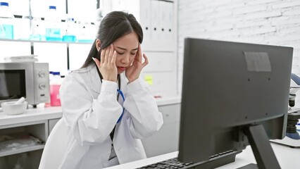 Canvas Print - Stressed young chinese female scientist handling migraine pain in the lab