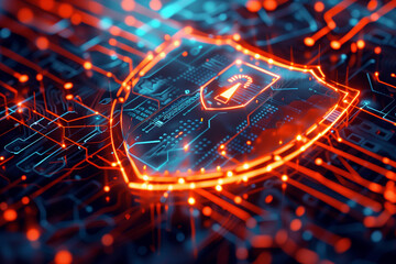 shield emblem overlaid with binary code and circuitry, representing the integration of technology and defense mechanisms in technology security concept, portrayed in a tech data st