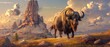Majestic buffalo stands on the prairie, with iconic rock formations under a vast, cloud-filled sky