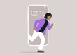 Digital Sprint Into Reality, a character Escaping the Confines of Technology, A person dashes out from a mobile phone screen into the tangible world