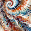 feathery spiral swirl with tie dye effect in complementary colors of rusty orange and blue with white, black, tan, brown and brick red