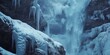 A serene and icy scene capturing the frozen cascade of a waterfall surrounded by ice formations and mist, invoking a sense of tranquility and the power of nature