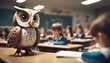 stuffed owl is sitting on a desk in front of a group of children