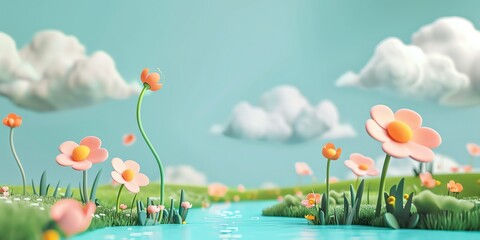 3d wallpaper, cute, Minimalist spring stream grass simple, grass, cute landscape, aspect ratio 2:1