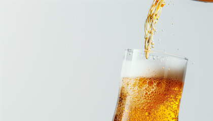 Pouring Beer with Bubbles into Glass. Golden beer being poured into a clear glass, creating a swirl of bubbles and froth against a white background.