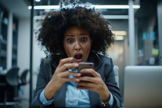 Shocked and upset business woman working inside office at workplace, depressed hispanic woman reading bad news using app on smartphone, holding phone, Generative AI