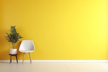 Wall Mural - Modern Home Interior Design with Chair and House Plant Tree Bathed in Sunlight, Yellow Wall Gradient Background