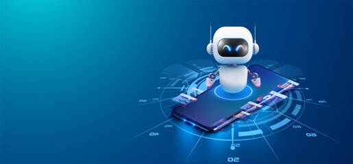Fototapete - Futuristic Robot with Interactive Interface Over Smartphone. Sleek white robot emerging from a smartphone screen with a futuristic interface, symbolizing advanced technology and AI interaction.