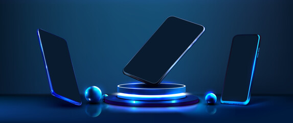 Poster - Elevated Gadgets in Blue Neon Glow: Futuristic Tech Display. Modern devices hover above a luminous platform, casting a dynamic neon blue light, depicting cutting-edge wireless technology. Vector