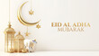 Eid Al Adha English greetings on a 3d background with sheep, decorative Lantern, Crescent and stars