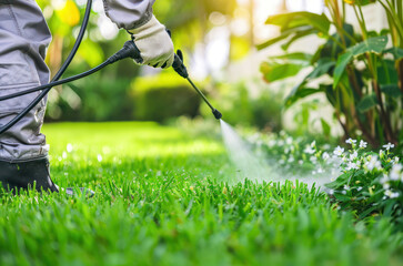 Worker spraying pesticide on a green lawn outdoors for pest control