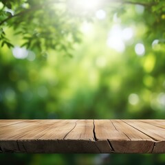 Wall Mural - Blank Platform, Brown Wooden Table with Spring Leaves Green Nature Blur Background