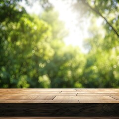 Wall Mural - Blank Platform, Brown Wooden Table with Spring Leaves Green Nature Blur Background