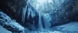 Frozen waterfall in a winter landscape, icicles clinging to the rock face, contrasting textures , high-resolution