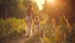 Mother and daughter with their adorable pet dog enjoying a leisurely walk in the sunny park