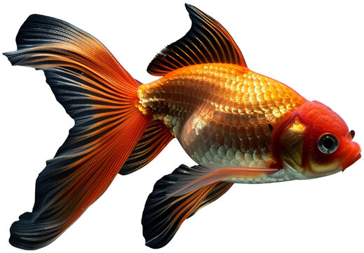 a goldfish with a red and white tail swimming in the water. transparent background png