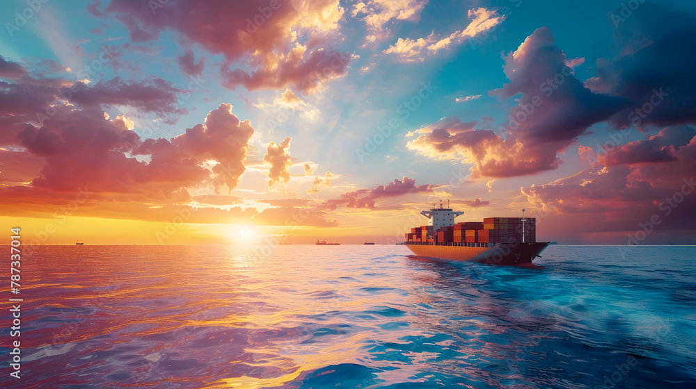 Container cargo ship in the ocean at sunset blue sky background with ...