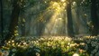 Sunlight breaking through a forest canopy, illuminating a bed of delicate woodland flowers , 3D style