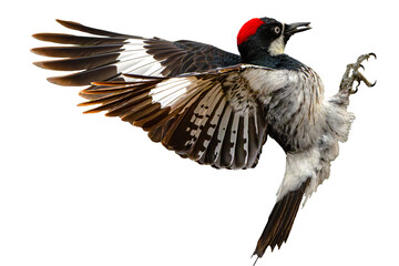 Wall Mural - Acorn Woodpecker (Melanerpes formicivorus) Photo, in Flight on an Isolated Transparent PNG Background