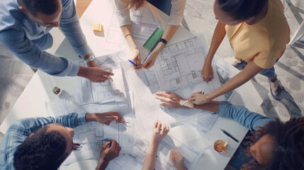 Multiracial group of architects gathering at table with papers and blueprints while sharing ideas about new project they are working on Innovation project and green renewable energy Co : Generative AI