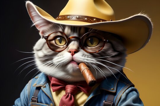 cowboy cat in a hat with a cigar, isolated on a yellow background, art