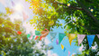 colorful pennant string decoration in green tree foliage on blue sky summer party background template banner with copy space : Generative AI