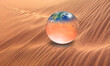Global warming concept - Planet Earth and planet Mars on orange sand dune 