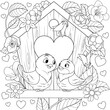 Vector illustration, a pair of cartoon love birds sitting at the birdhouse