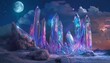 Capture a mystical, ethereal landscape featuring towering iridescent crystals under a moonlit sky, rendered in digital photorealistic techniques