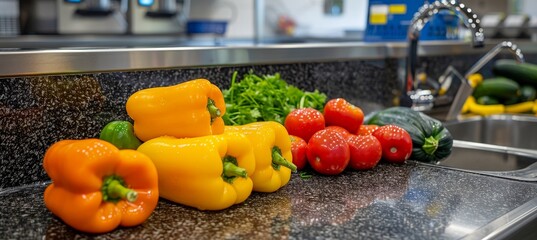 Wall Mural - Contemporary kitchen with marble countertop, fresh produce on table, promoting healthy lifestyle