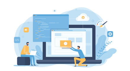 Poster - web design and mobile application programer team  working and coding for development concept and technology online working  concept