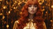 red head girl gold theme fashion generation-z influencer posing for ad product promotion from Generative AI