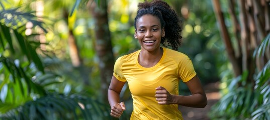 Wall Mural - African woman running with vitality and happiness, exercising for health and fitness