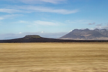 Wall Mural - landscape of yellow grass field with volcano mountain in Iceland at autumn
