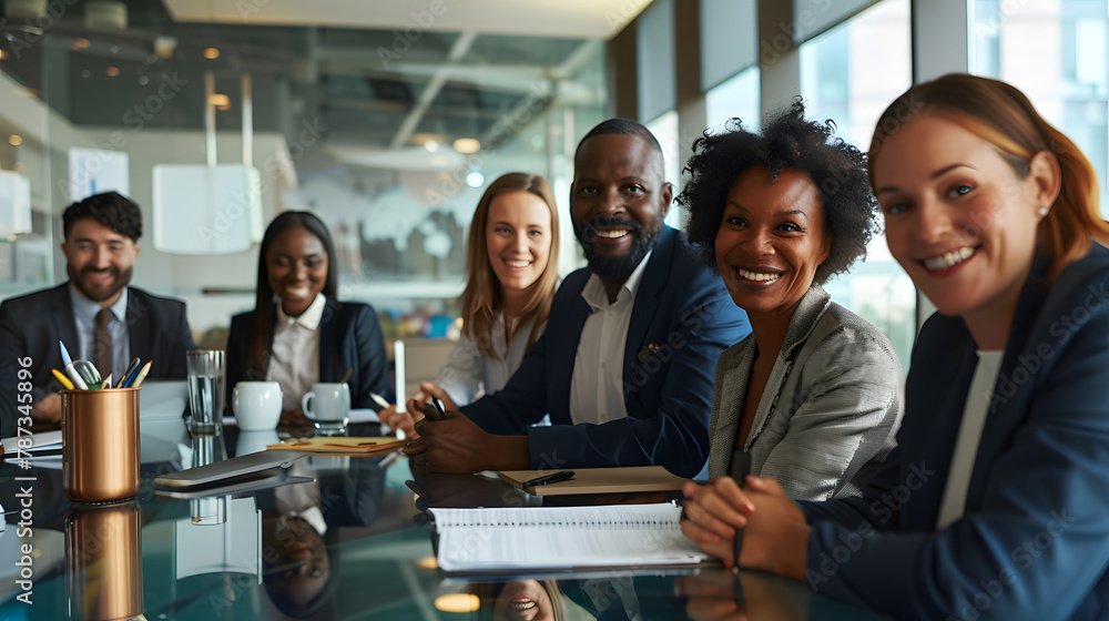 Smiling group of diverse businesspeople sitting around a boardroom ...