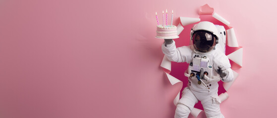 Wall Mural - A whimsical representation of an astronaut floating freely with a birthday cake in space, captured against a pink backdrop