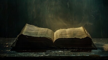 Wall Mural - Old open book on an old wooden table