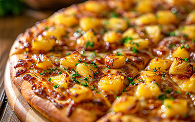 Close-up shot of a slice of Pineapple Paradise Pizza, showcasing its golden-brown crust, gooey cheese, and mouthwatering toppings