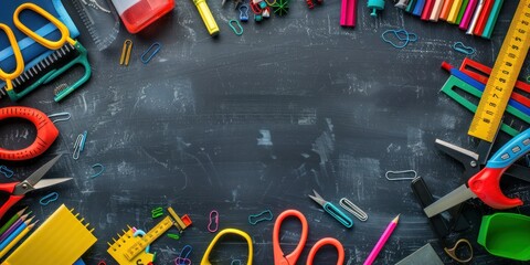 Wall Mural - a composition of school supplies like rulers, scissors, and glue, arranged around a central blank sp